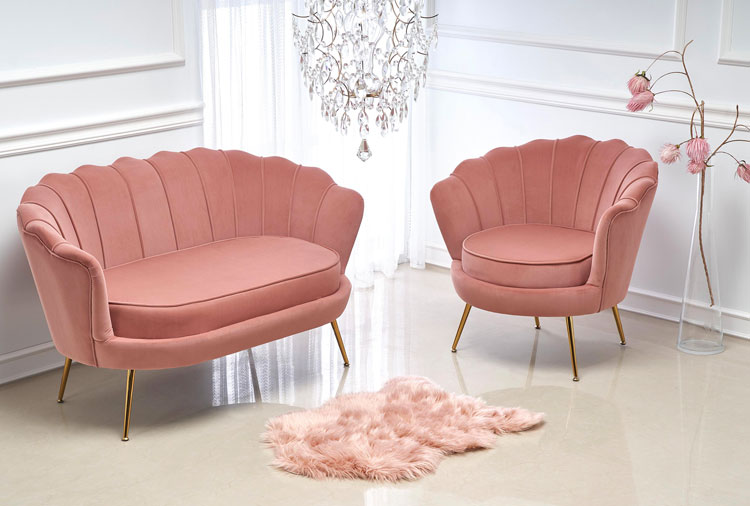 Różowy fotel wypoczynkowy muszelka do salonu Vimero