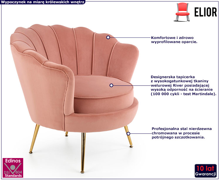 Różowy tapicerowany welurem fotel Vimero 3X
