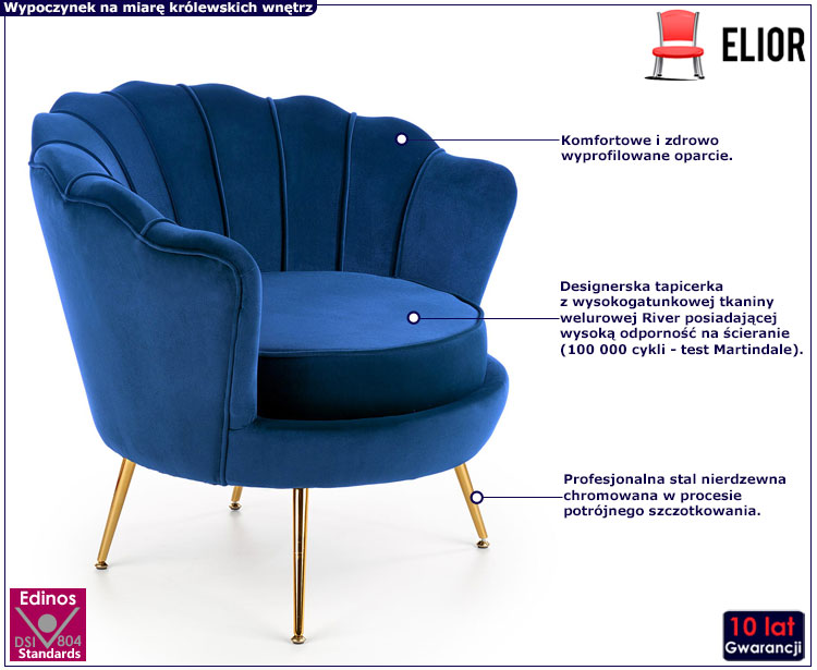 Granatowy tapicerowany welurem fotel Ilmsa 3X