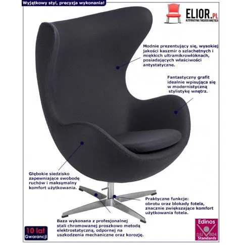 Fotografia Grafitowy fotel jajo obrotowy uszak - Arha 2 z kategorii Fotele do salonu