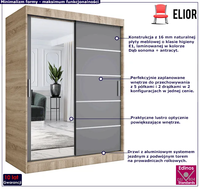 Szafa przesuwna biel + antracyt 150 cm Ebia 4X