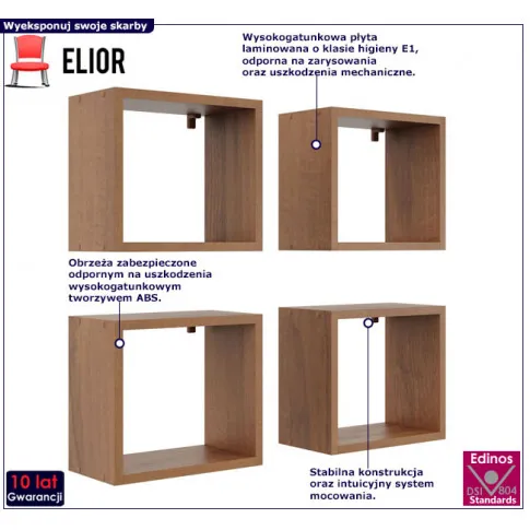 Fotografia Kwadratowe półki ścienne w kolorze orzech - Sevios z kategorii Półki ścienne