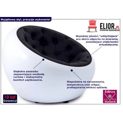 Fotografia Fotel okrągły Kalia 2 - biało - czarny z kategorii Fotele do salonu