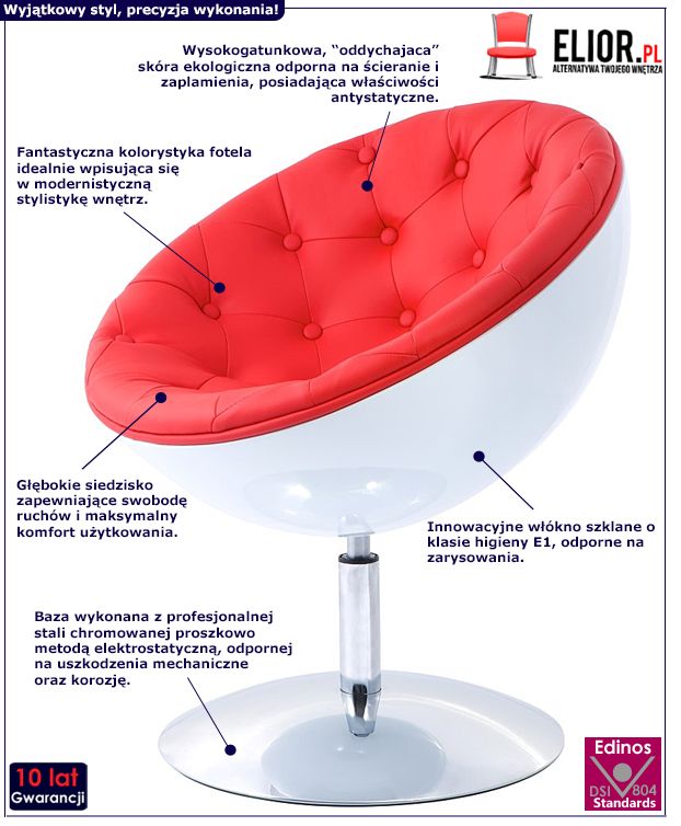 Wyjątkowy fotel obrotowy Dirik - biało - czerwony