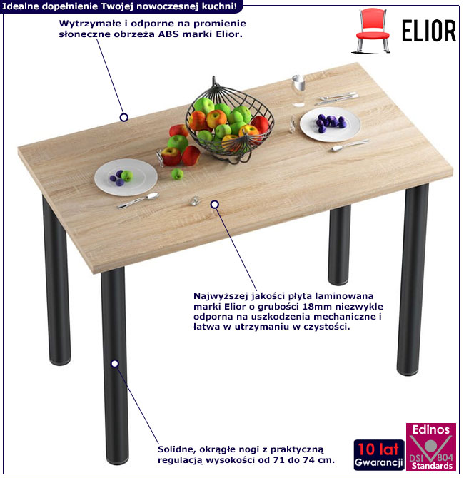 Infografika stołu kuchennego z czarnymi nogami Eri