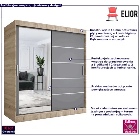 Przesuwna szafa z lustrem dąb sonoma antracyt Felix 5X
