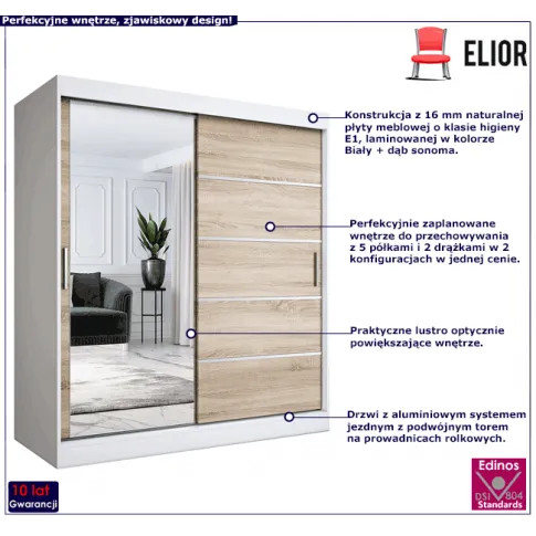 Przesuwna szafa z lustrem biel dąb sonoma Felix 5X