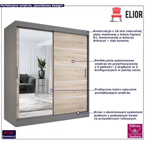 Przesuwna szafa z lustrem antracyt dąb sonoma Felix 5X