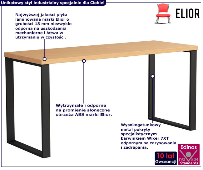 Infografika stołu do jadalni typu loft z prostokątnym blatem Emily