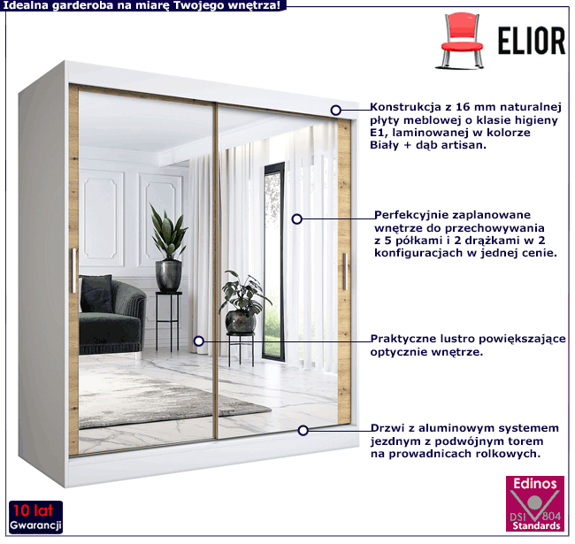 Szafa przesuwna z lustrem biel + dąb artisan 180 Kukkin 5X