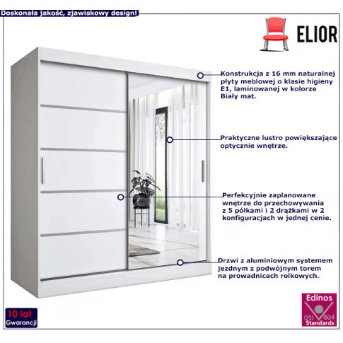 Przesuwna szafa z lustrem biała Lorenza 5X