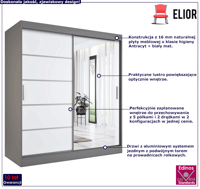 Szafa przesuwna 180 z lustrem antracyt + biały Lorenza 5X