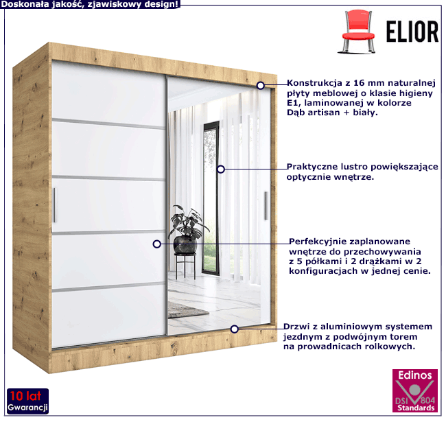 Szafa przesuwna 180 z lustrem dąb artisan + biały Lorenza 5X