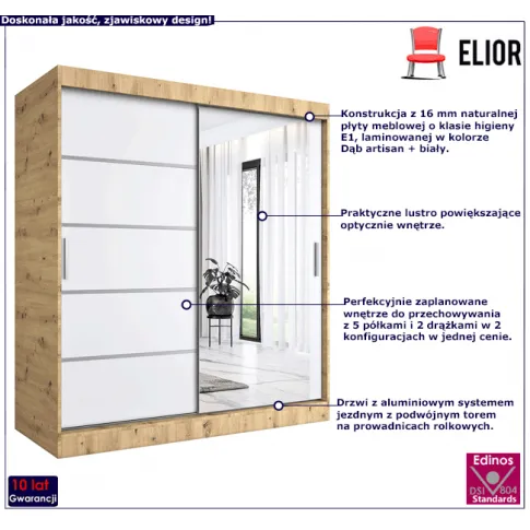 Przesuwna szafa z lustrem dąb artisan biały Lorenza 5X