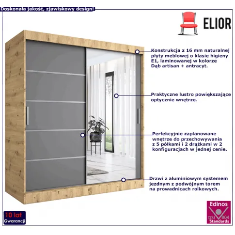 Przesuwna szafa z lustrem dąb artisan antracyt Lorenza 5X