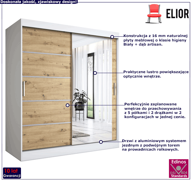 szafa przesuwna 180 z lustrem biały + dąb artisan Lorenza 5X