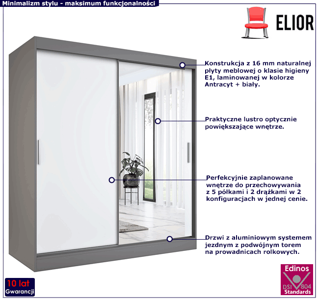 Szafa przesuwna z lustrem antracyt + biały Palmira 5X