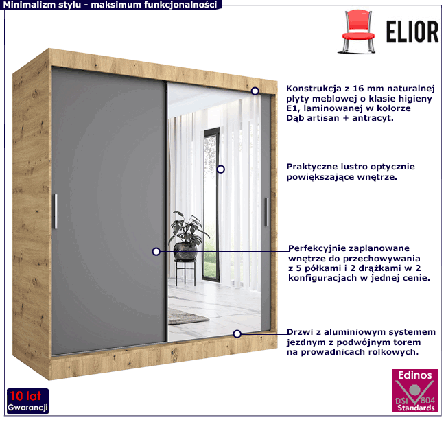 Szafa przesuwna z lustrem dąb artisan + antracyt Palmira 5X