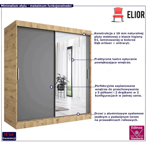 Przesuwna szafa dąb artisan antracyt 180cm Palmira 5X
