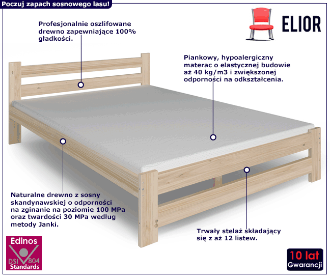 Skandynawskie łóżko Zinos z drewna z materacem
