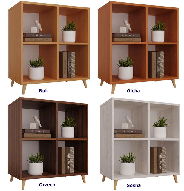 Kolory kwadratowego regału na nóżkach do salonu Herion