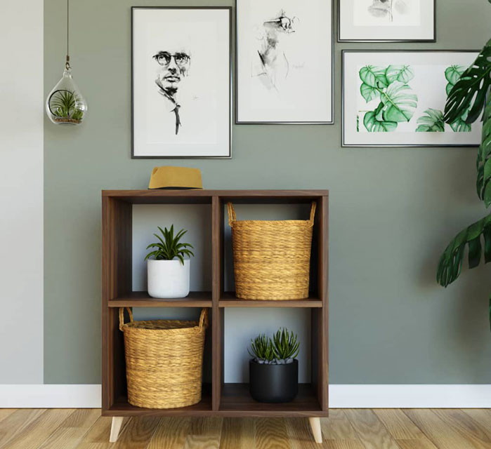 Wnętrze z wykorzystaniem kwadratowego regału na książki Herion