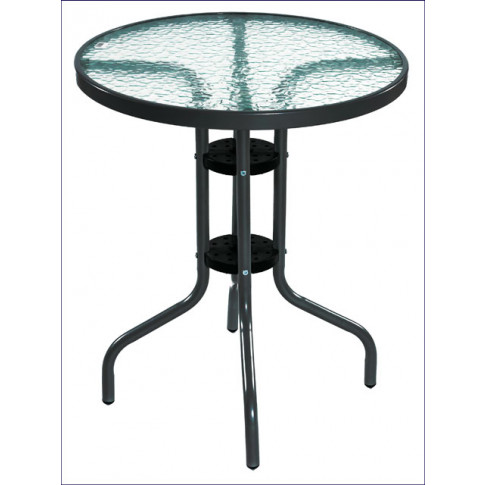 czarny metalowy stolik ogrodowy ze szkłanym blatem razi