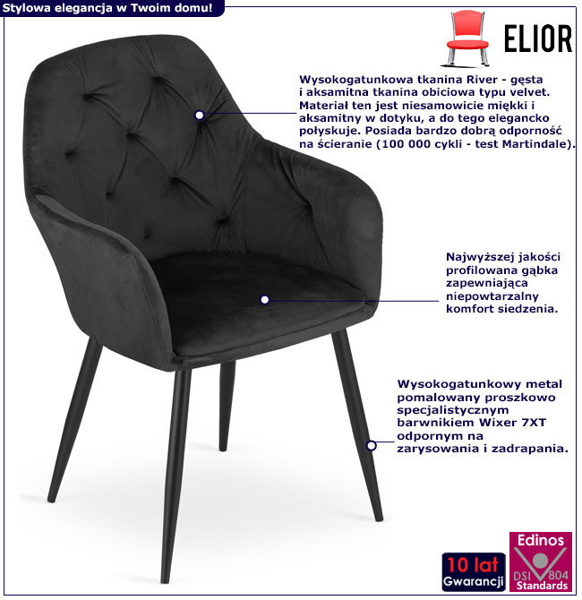 Infografika zestawu 2 sztuk pikowanych czarnych krzeseł Waris