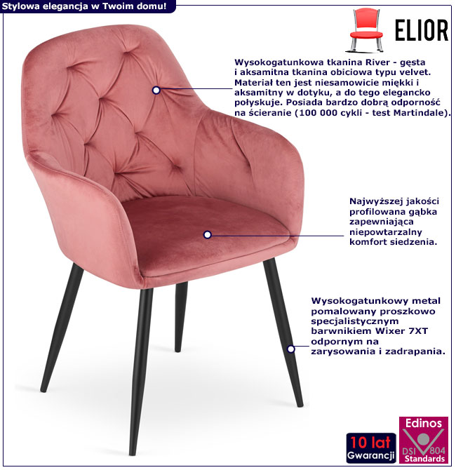 Infografika zestawu 2 sztuk welurowych różowych krzeseł Waris