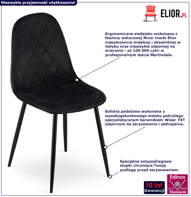 Infografika kompletu 4 aksamitnych krzeseł Paleo kolor czarny