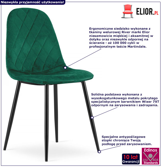 Infografika kompletu 4 ciemnozielonych krzeseł Paleo