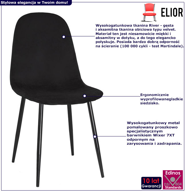 Infografika kompletu czarnych tapicerowanych krzeseł Rosato