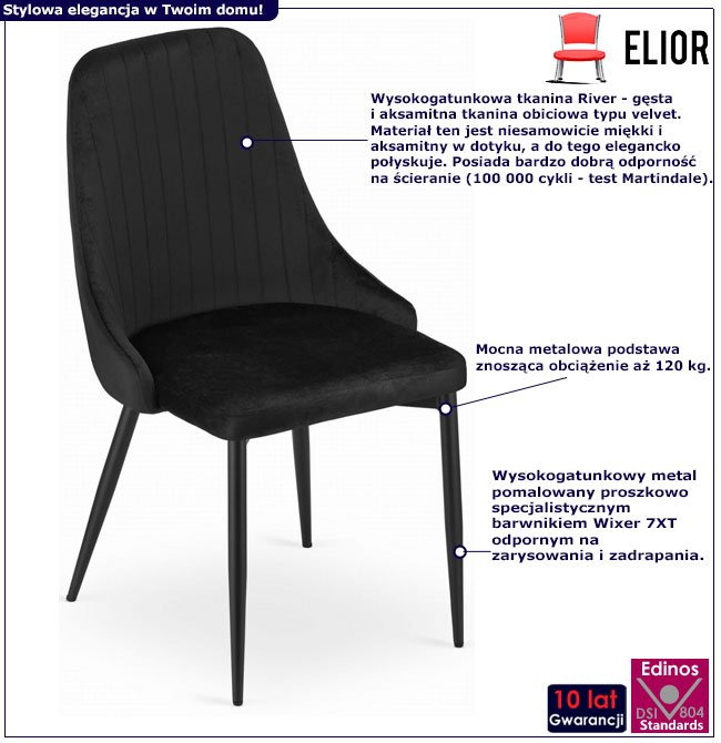 Infografika kompletu 4 czarnych krzeseł do salonu Rodos