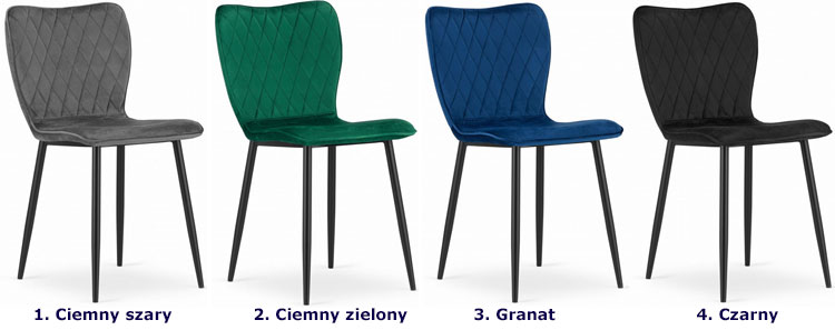 Wszystkie dostępne kolory kompletu aksamitnych krzeseł Keira