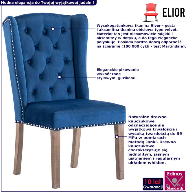 Infografika niebieskiego aksamitnego krzesła do jadalni Oksana