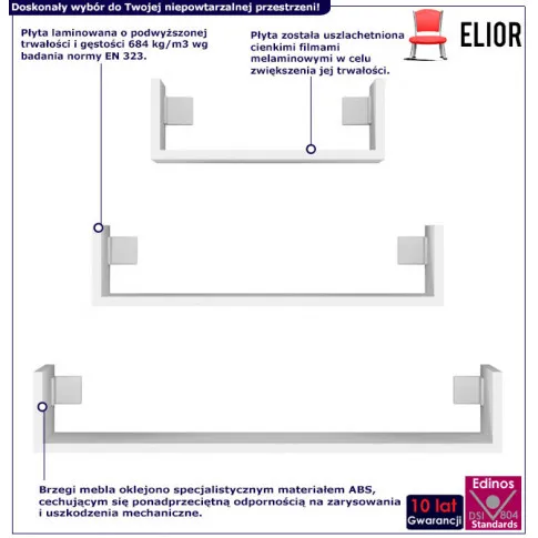 Infografika białego kompletu 3 sztuk półek nad biurko gonzo