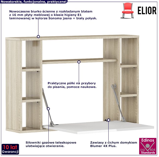 Składane ścienne biurko sonoma jasna + biel Ibis