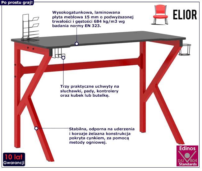 Czerwono-czarne biurko do grania z uchwytami Avezano
