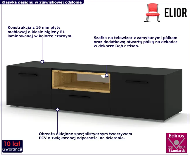 Szafka RTV czarny + dąb artisan Baden 3X