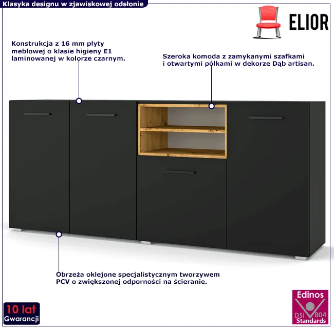 Komoda do salonu czarny + dąb artisan Baden 6X