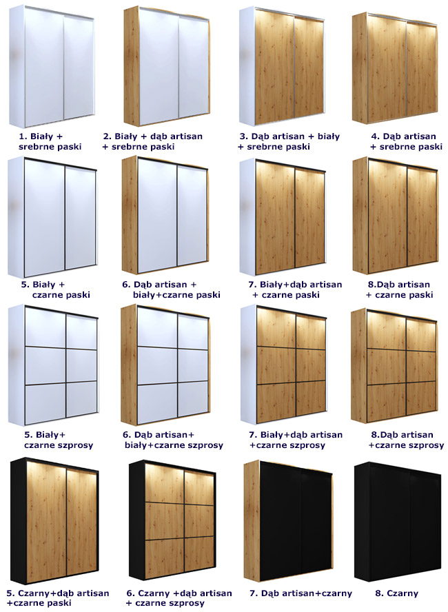 Dostępne warianty kolorystyczne szafy przesuwnej Estori 2X