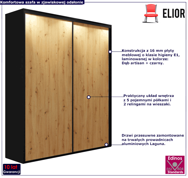 Minimalistyczna szafa przesuwna czarny + dąb artisan 200 cm Estori 2X