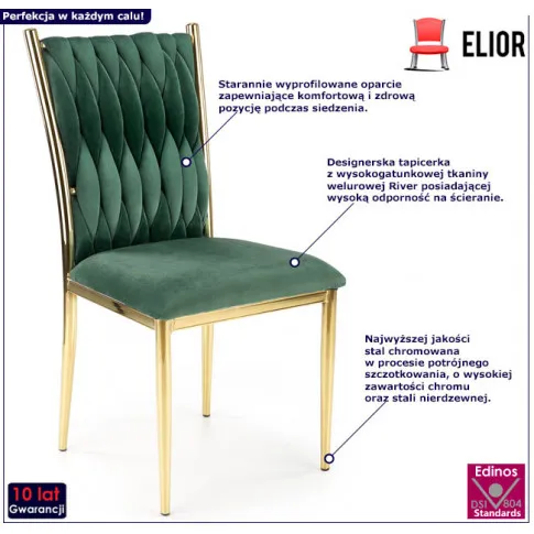 Nowoczesne zielone krzesło na złotej podstawie Megi