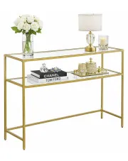Złota konsola salonowa szklana z półką - Amuno 4X w sklepie Edinos.pl