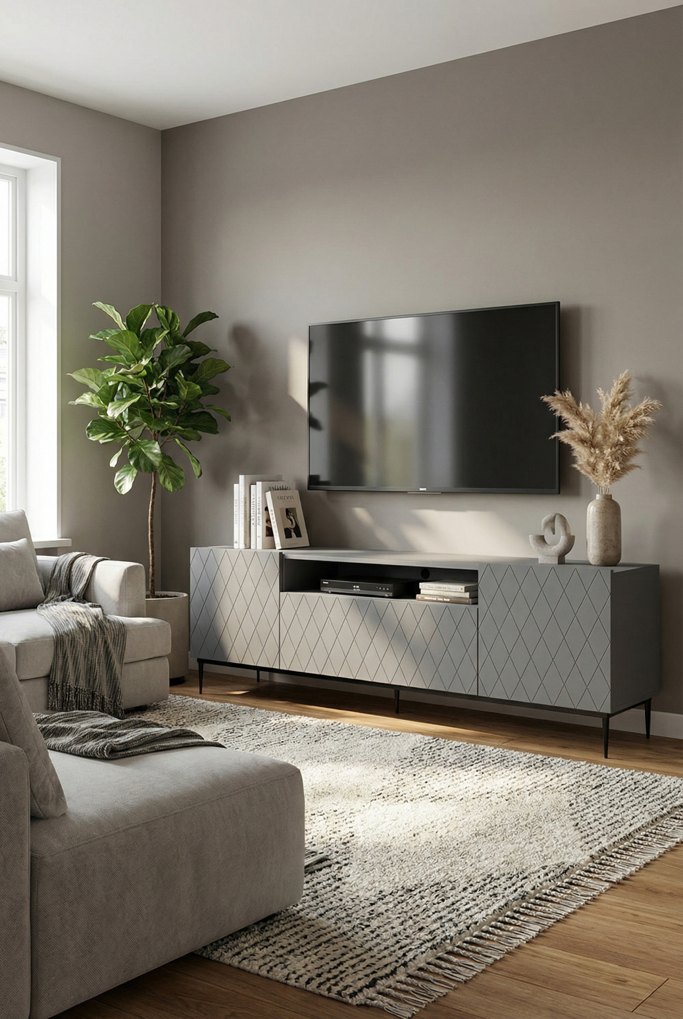 Przykładowy salon z wykorzystaniem grafitowej szafki RTV na nóżkach Nevia 4X