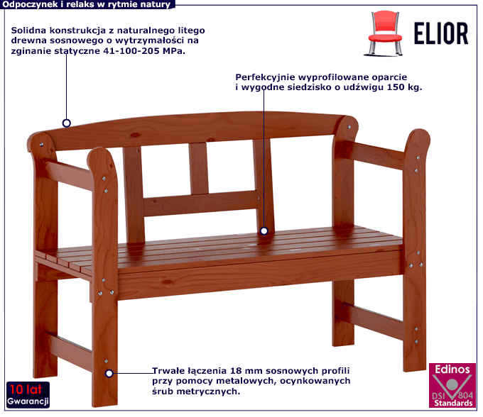 Sosnowa kasztanowa ławka do ogrodu Armina