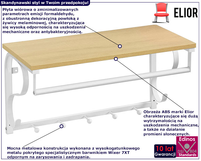 Infografika półki ściennej do przedpokoju z wieszakami na kurtki Bradi