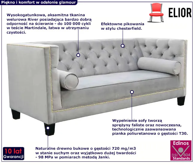 Pikowana sofa w stylu glamour Keto 3X
