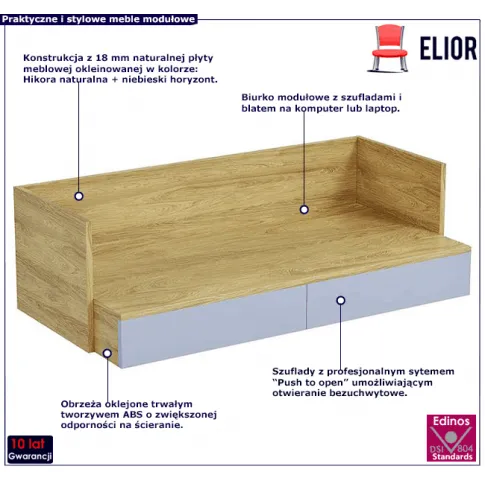 Biurko z szufladami w dekorze hikora naturalna niebieski horyzont Horizonte 3X