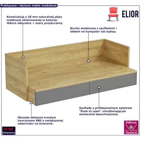 Biurko z szufladami w dekorze hikora naturalna szary przykurzony Horizonte 3X